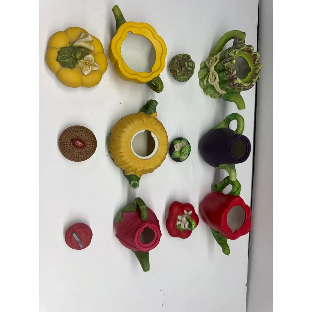 Miniature Ceramic Teapot Set of 6 Vegetable and Flower Garden Collectibles